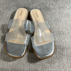 Cushionaire Rhinestone Slide Sandals Clear Silver Square Toe Flats Size 11M‎